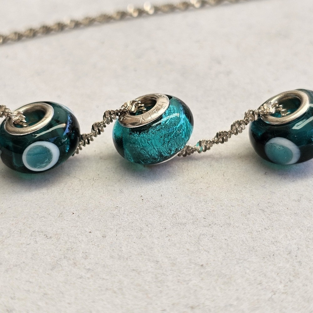 Murano Glass Teal Bead Twisted 925 Silver Necklace - Picture 8 of 12